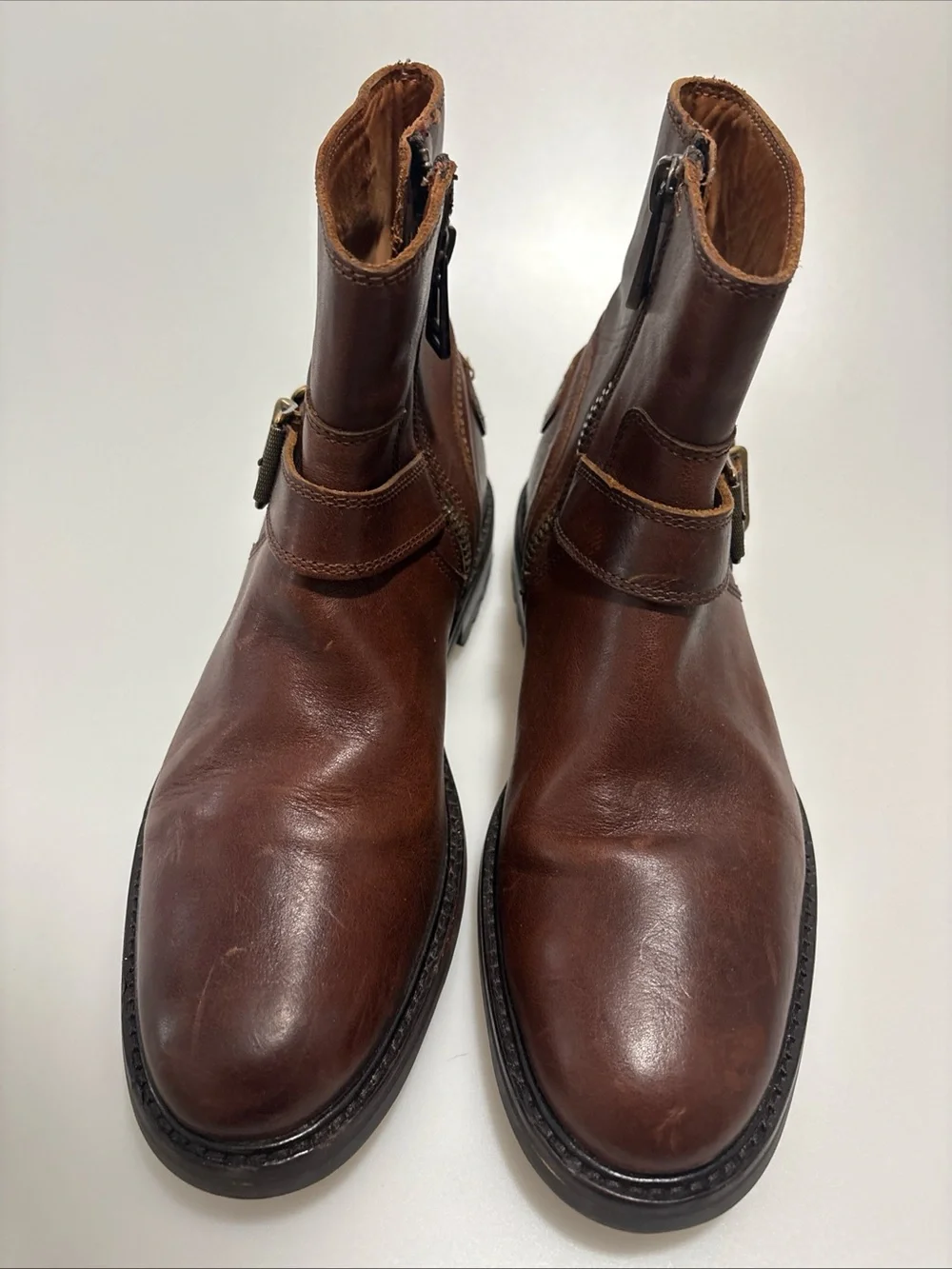 Mens Belstaff brown leather biker metal strap mid high boots size 9.5